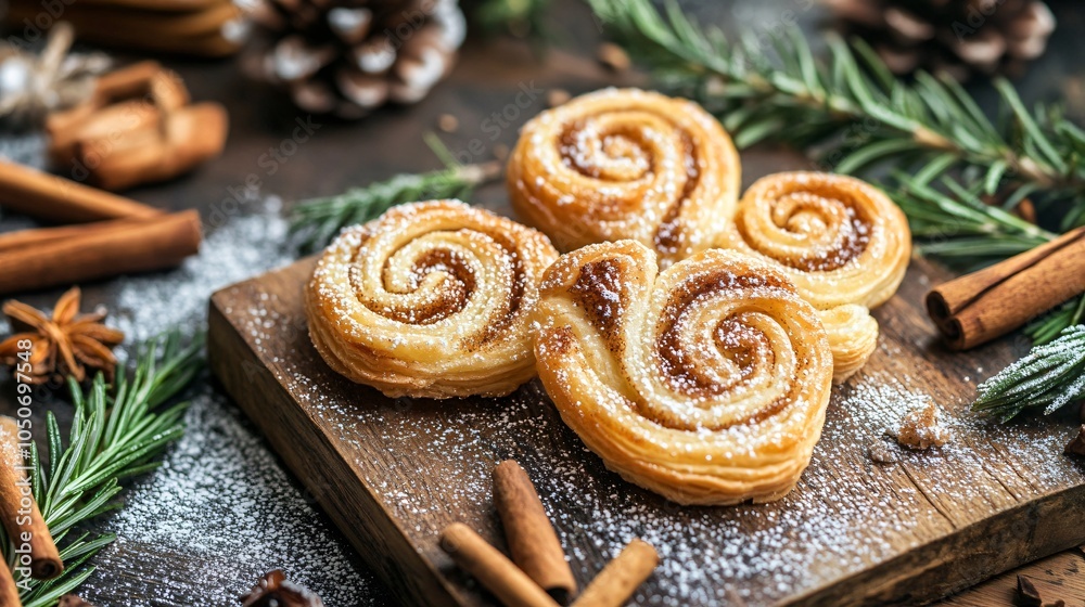 Puff pastry palmiers with a delicate sugar glaze, isolated on a rustic wooden board, surrounded by fresh rosemary, cinnamon sticks, and powdered sugar Puff pastry palmiers with a delicate sugar glaze, isolated on a rustic wooden board, surrounded by fresh rosemary, cinnamon sticks, and powdered sugar