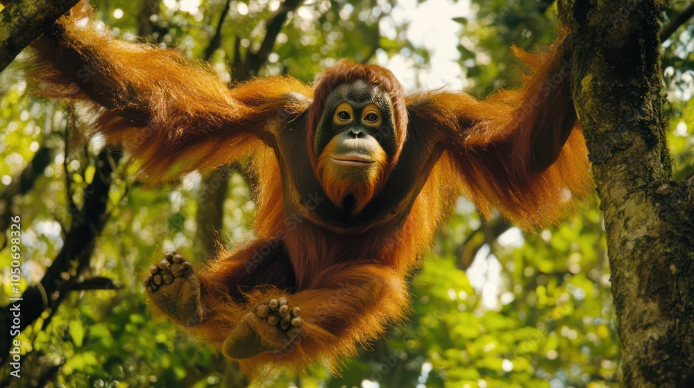 Obraz premium Sumatran Orangutan Swinging Through Rainforest Canopy
