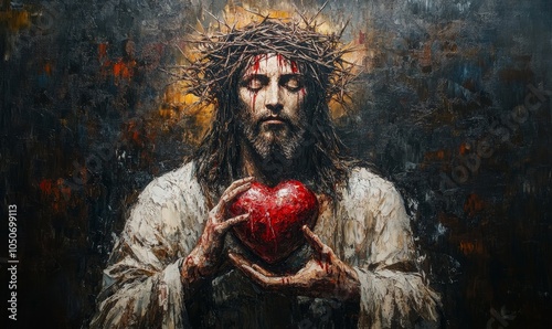 Sacred Heart of Jesus in Crown of Thorns, Religious Art Painting, Jesus Christ Holding Heart, Divine Love and Suffering, Inspirational Christian Artwork, Spiritual Faith, Generative AI