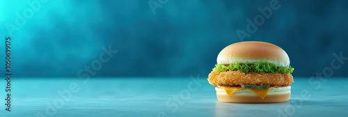 delicious gourmet cheeseburger featuring crispy chicken patty, melted cheddar cheese, and fresh lettuce, set against vibrant blue background