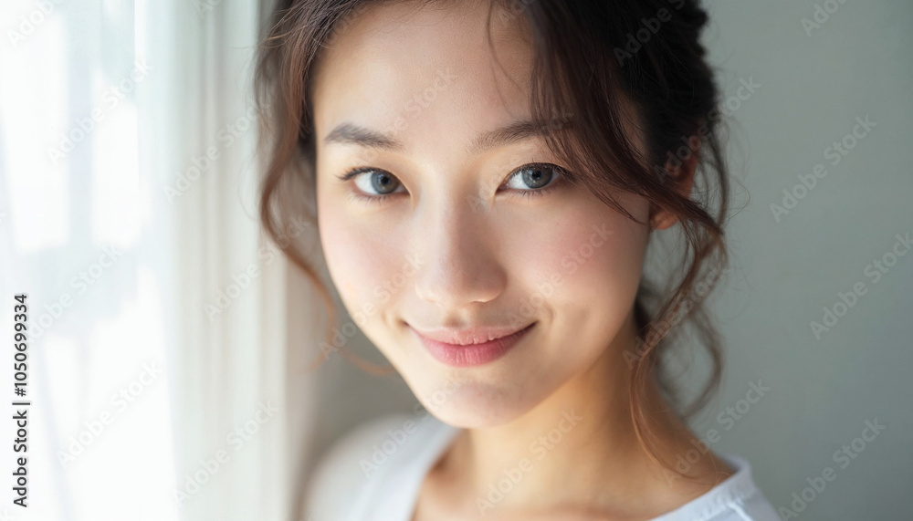 A captivating close-up portrait of an Asian woman showcases her radiant beauty and confidence. A captivating close-up portrait of an Asian woman showcases her radiant beauty and confidence.