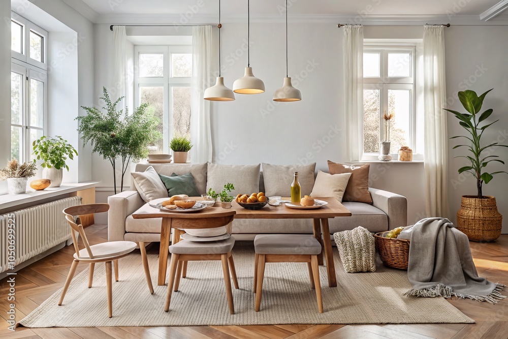 Fototapeta premium Scandinavian Home Interior with Cozy Sofa and Minimalist Food Arrangement for Elegant Dining Experience