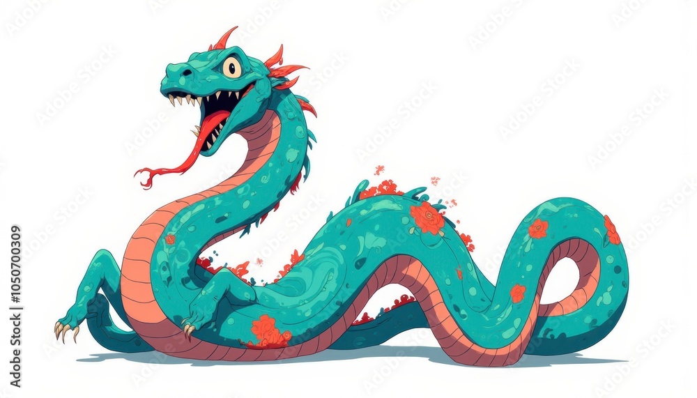 Obraz premium Whimsical Teal Cartoon Snake with Red Floral Design