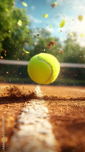 Dynamic Tennis Action with High-Speed Motion: capturing high-speed tennis action with close-up of tennis ball in motion and players on court. Ideal for sports, fitness, and energy-themed visuals