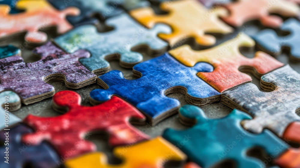 A captivating visual of a series of differently colored and textured puzzle pieces coming together to form a complete image A captivating visual of a series of differently colored and textured puzzle pieces coming together to form a complete image