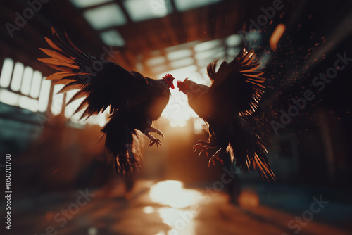 Intense Rooster Fight in Dramatic Lighting