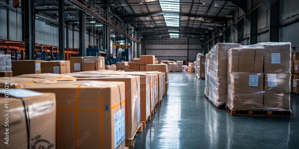 Packing goods for customer delivery inside a large warehouse during daylight hours with organized pallets and boxes Packing goods for customer delivery inside a large warehouse during daylight hours with organized pallets and boxes