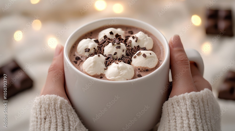 A warm cup of hot chocolate topped with marshmallows and chocolate shavings, creating a cozy winter beverage scene.. A warm cup of hot chocolate topped with marshmallows and chocolate shavings, creating a cozy winter beverage scene..