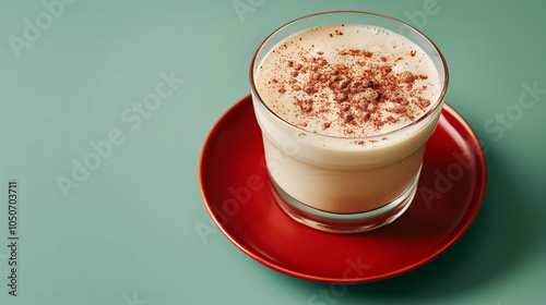 Ein Glas cremiger Eggnog mit Zimt bestreut, serviert auf einem roten Teller vor grünem Hintergrund, perfektes Getränk für die Winter- und Weihnachtszeit photo