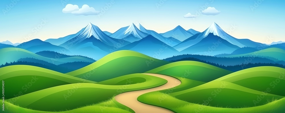 A vibrant landscape featuring rolling green hills, majestic mountains, and a winding path under a clear blue sky with fluffy clouds.