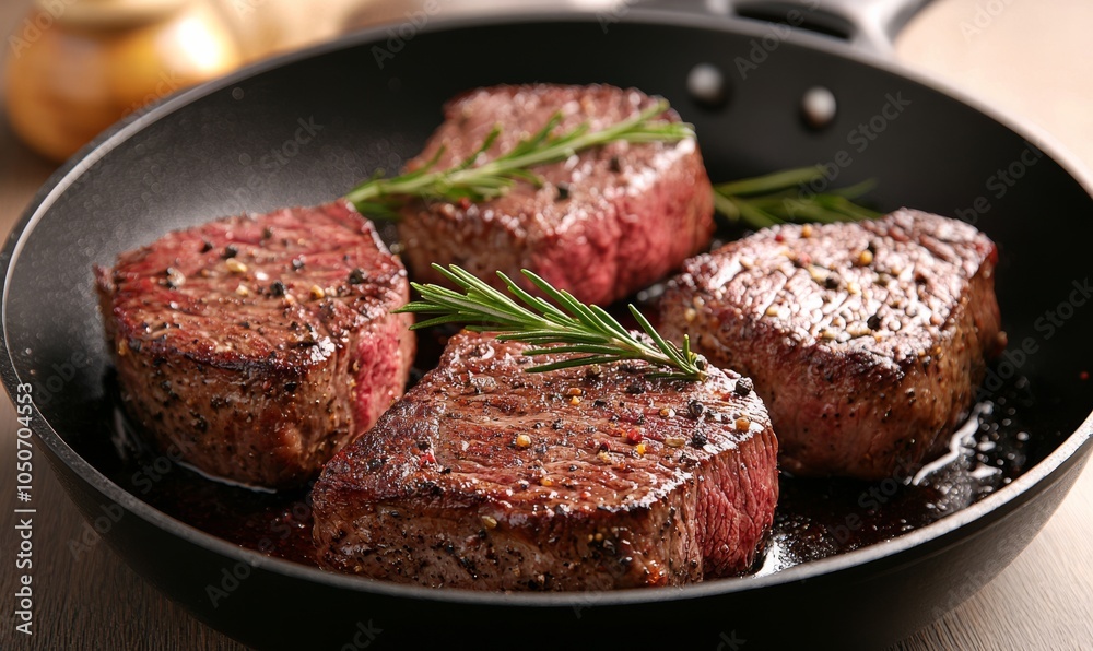 Close-up of juicy filet mignon steaks cooked in a pan, garnished with fresh rosemary, ideal for gourmet and culinary themes.. Close-up of juicy filet mignon steaks cooked in a pan, garnished with fresh rosemary, ideal for gourmet and culinary themes..