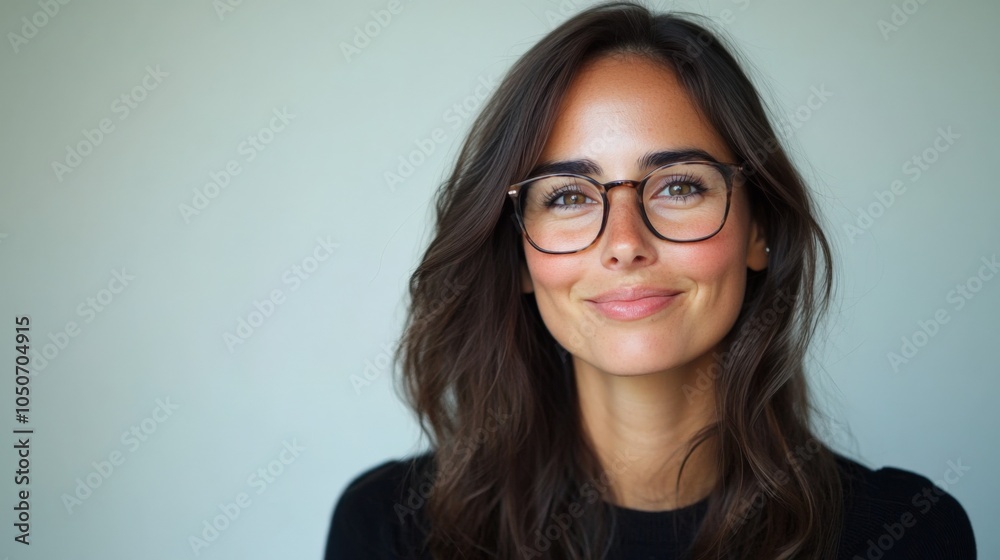 Smiling Woman with Glasses Against Soft Background Smiling Woman with Glasses Against Soft Background