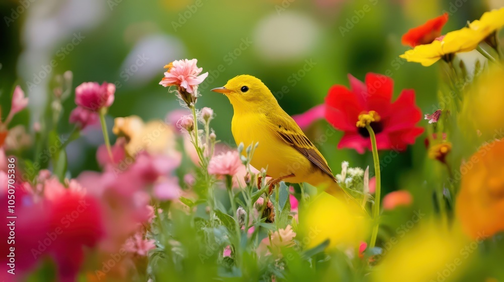 Yellow Warbler Flitting Among Flowers in Garden Yellow Warbler Flitting Among Flowers in Garden