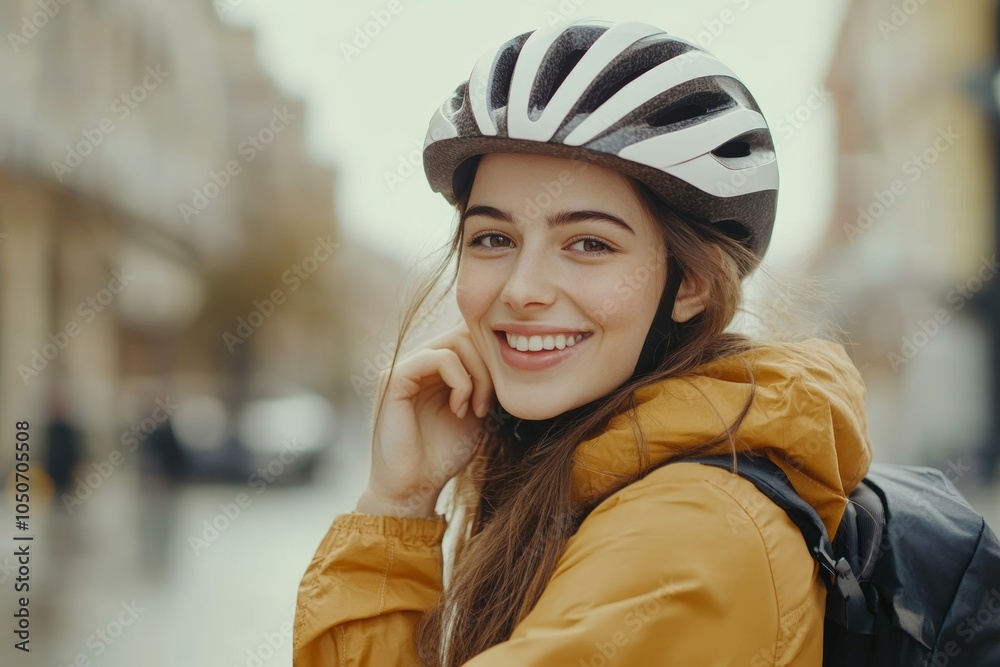 Happy young woman putting on a bicycle helmet outdoors in a city street preparing for a joyful ride during daytime Happy young woman putting on a bicycle helmet outdoors in a city street preparing for a joyful ride during daytime