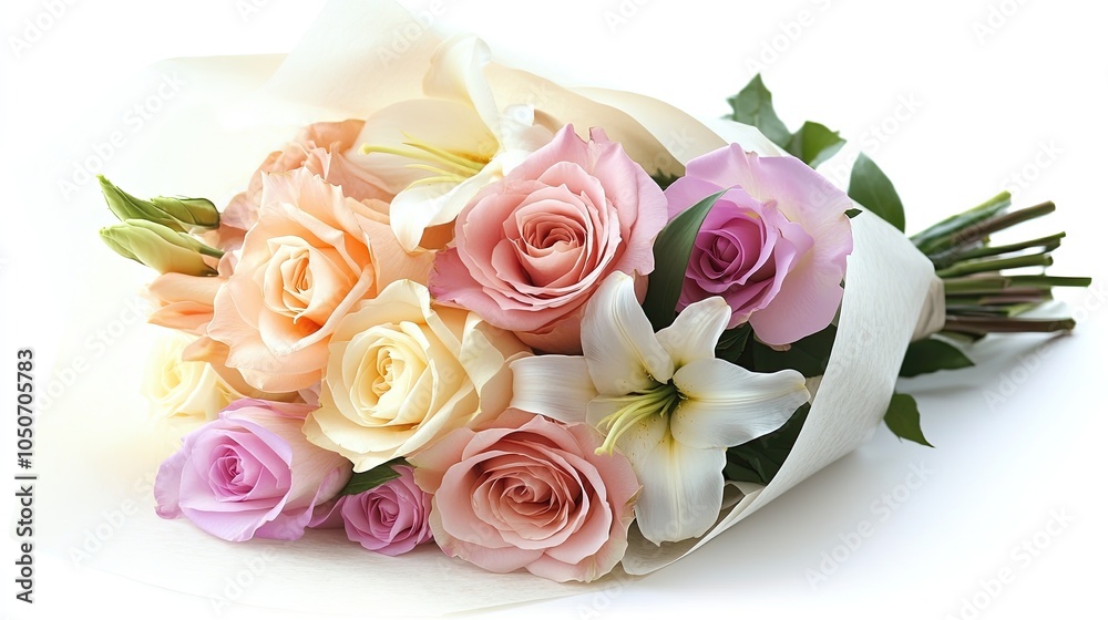 Obraz premium A bouquet of pastel-colored roses and lilies, wrapped in soft paper, against a white background, showcasing elegance and beauty.