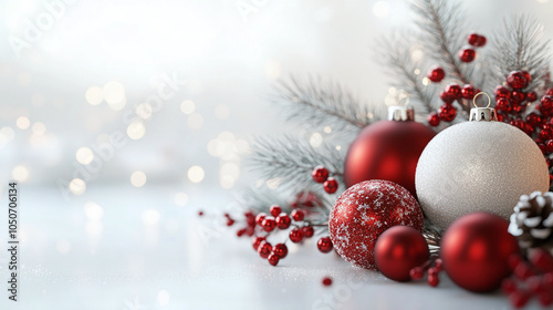 Christmas and New years eve Background. Beautiful Wide Angle Holiday Template with Christmas ball on fir tree and highlights. Panoramic classic header Web banner with copy space for design. Close up 