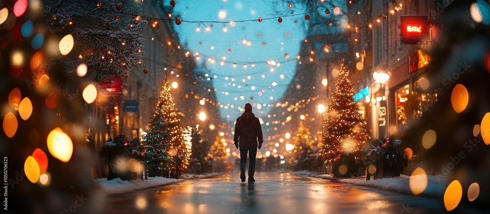 A lone person walks down a snow-covered street lit up with Christmas lights and decorated with Christmas trees. A lone person walks down a snow-covered street lit up with Christmas lights and decorated with Christmas trees.