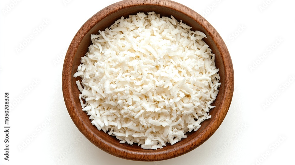 A close-up of coconut flakes in a small dish, set against a white background, highlighting its use as a natural ingredient.