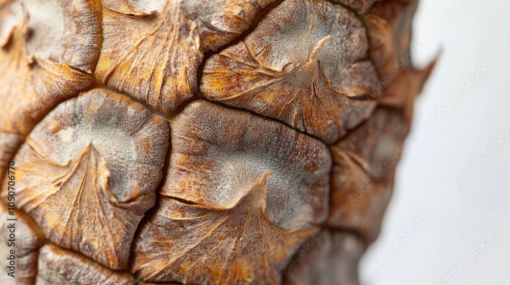 A close-up of the rough, textured skin of a pineapple, isolated on a white background, drawing attention to its unique design. A close-up of the rough, textured skin of a pineapple, isolated on a white background, drawing attention to its unique design.