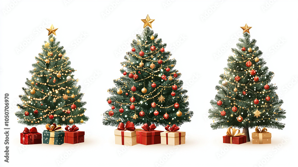 Set of Christmas trees with gift boxes , isolated on white background, new year concept. Set of Christmas trees with gift boxes , isolated on white background, new year concept.