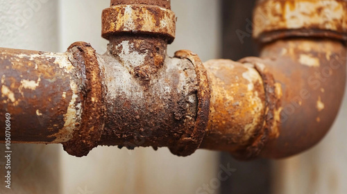 Rusty pipe with a couple of other pipes attached to it. The pipes are old and rusted, giving the image a sense of decay and abandonment