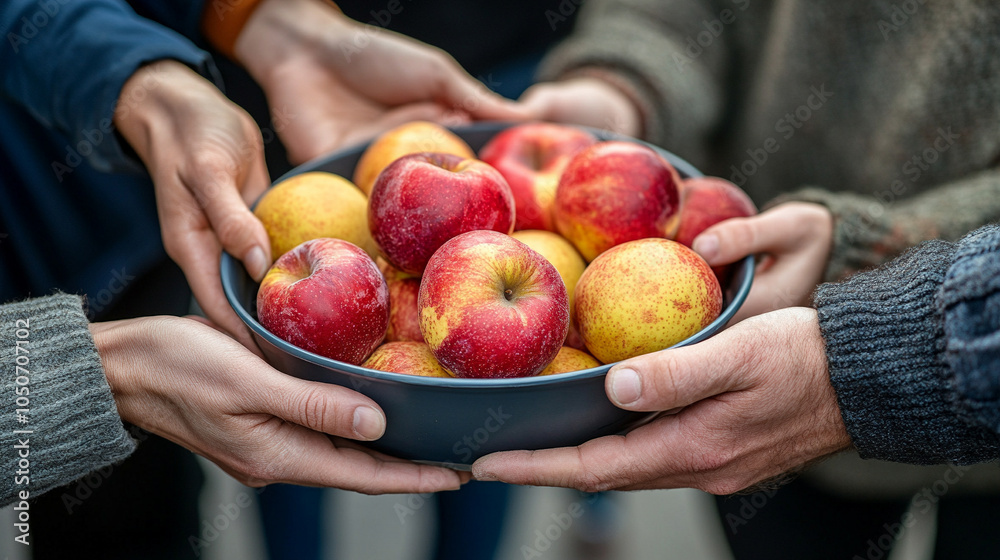 custom made wallpaper toronto digitalTwo hands exchanging a bowl filled with vibrant fresh fruits at a community gathering. The image symbolizes generosity, unity, and the sharing of nourishment in a collective, harmonious environment