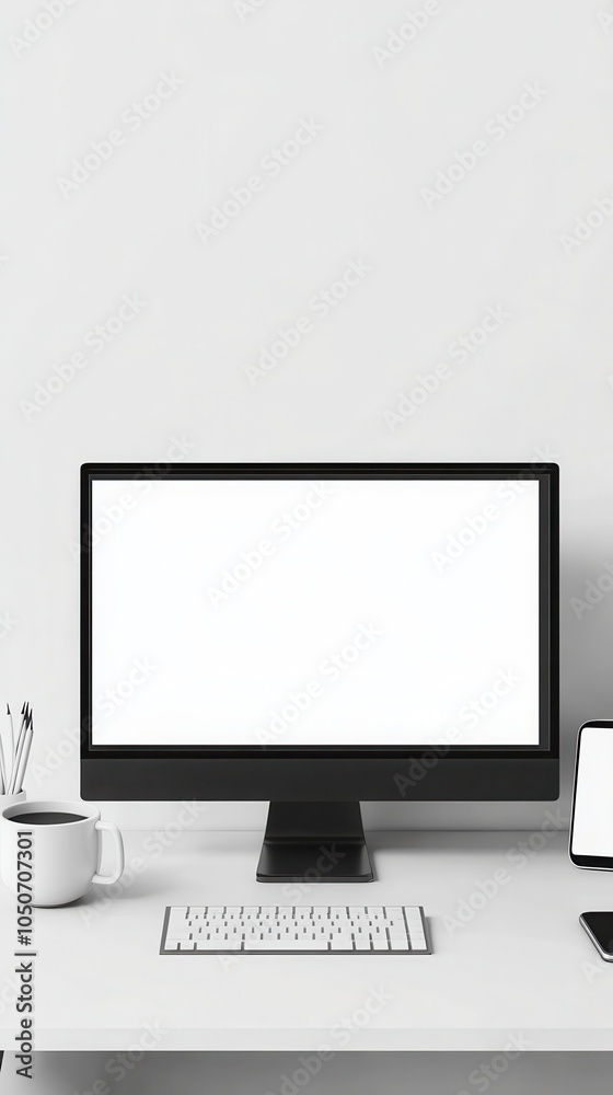 Fototapeta premium A sleek monitor shows a blank white screen, alongside a coffee cup and smartphone on the desk