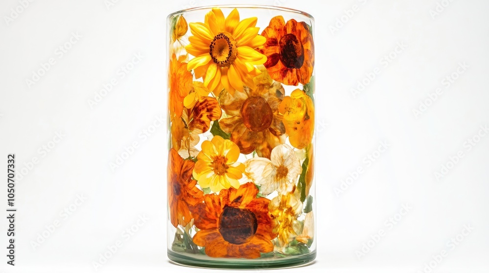 Obraz premium A cylindrical glass vase with vibrant sunflowers, placed against a white background, ideal for bright and cheerful spaces.