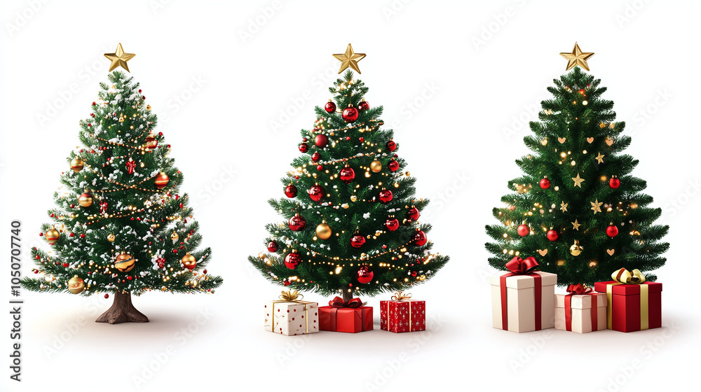 Set of different decorated Christmas trees with present boxes. Isolated on white background. Set of different decorated Christmas trees with present boxes. Isolated on white background.