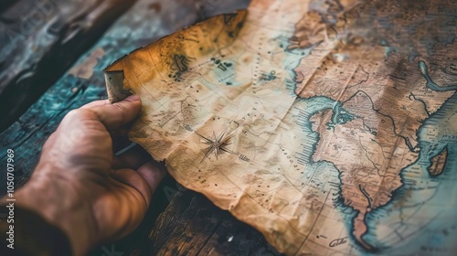 A hand lifting the corner of a map, revealing new unexplored territories underneath, symbolizing the excitement of discovery, Curiosity