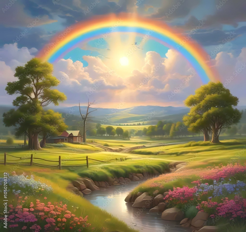 Obraz premium Illustration of landscape with rainbow.