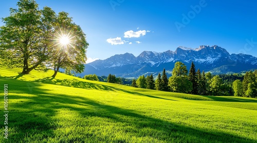 A vibrant landscape featuring green fields, majestic mountains, and a bright sun, evoking tranquility and natural beauty.