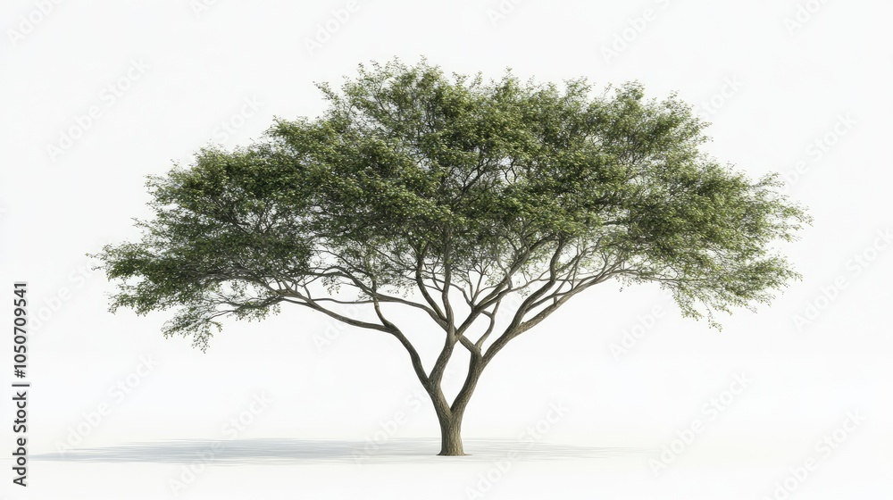 Fototapeta premium A majestic tree with a wide, sprawling canopy, isolated on a white background, emphasizing its strength and natural beauty. Ideal for environmental concepts.