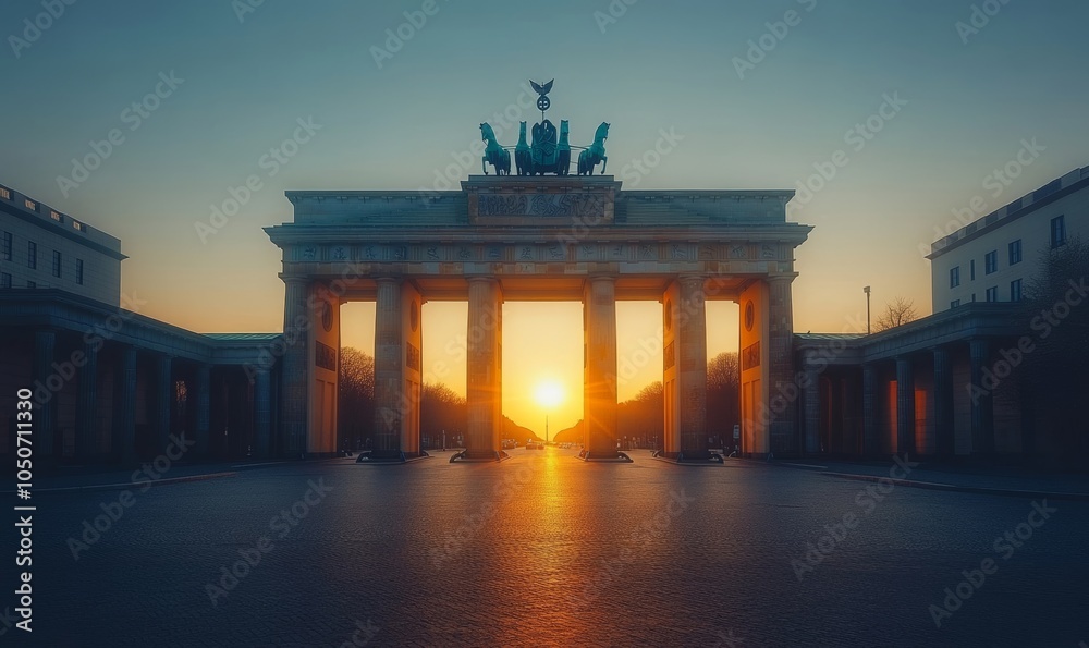 Obraz premium Sunrise at Brandenburg Gate in Berlin, Iconic Landmark with Historic Architecture, Tranquil Morning Gateway, Tourism Travel Destination, Germany Urban, Generative AI