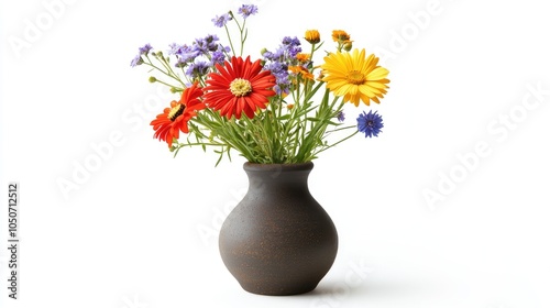 Wallpaper Mural A small, ceramic vase with a matte finish, holding a mix of bright summer flowers, placed on a white background, ideal for minimalistic decor. Torontodigital.ca