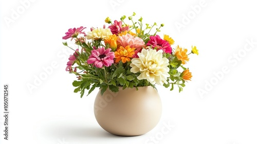 Wallpaper Mural A small, ceramic vase with a matte finish, holding a mix of bright summer flowers, placed on a white background, ideal for minimalistic decor. Torontodigital.ca