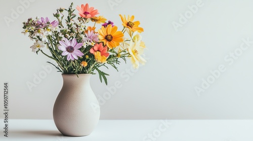 Wallpaper Mural A small, ceramic vase with a matte finish, holding a mix of bright summer flowers, placed on a white background, ideal for minimalistic decor. Torontodigital.ca