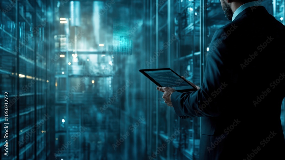 A man in a suit is holding a tablet in front of a large, empty room A man in a suit is holding a tablet in front of a large, empty room