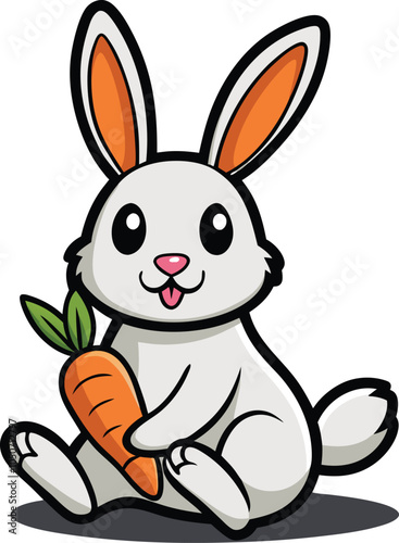 Adorable Bunny with Carrot: A charming cartoon rabbit happily holds a juicy carrot. Perfect for children's books, websites, and more.  