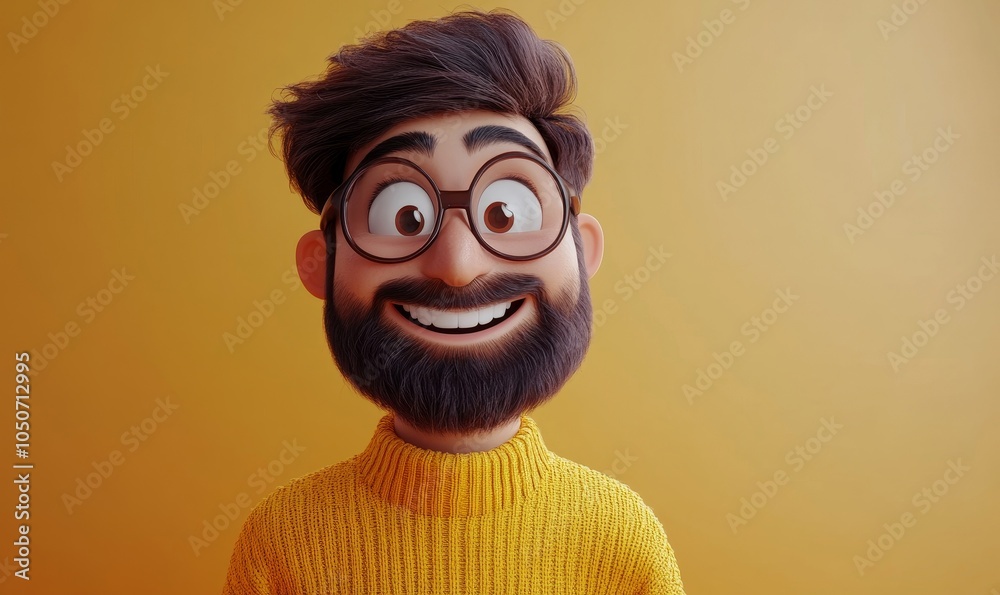 Cheerful Indian Cartoon Character with Big Smile in Yellow Sweater - 3D Illustration of Happy Adult Man on Light Background, Expressive Human Emotions, Generative AI Cheerful Indian Cartoon Character with Big Smile in Yellow Sweater - 3D Illustration of Happy Adult Man on Light Background, Expressive Human Emotions, Generative AI