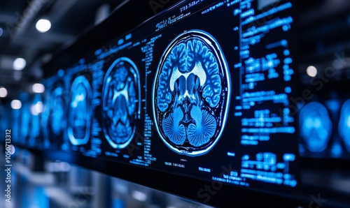 Advanced medical imaging technology in neon blue showcasing a series of brain MRI scans for neurological research and diagnostics in a clinical, Generative AI