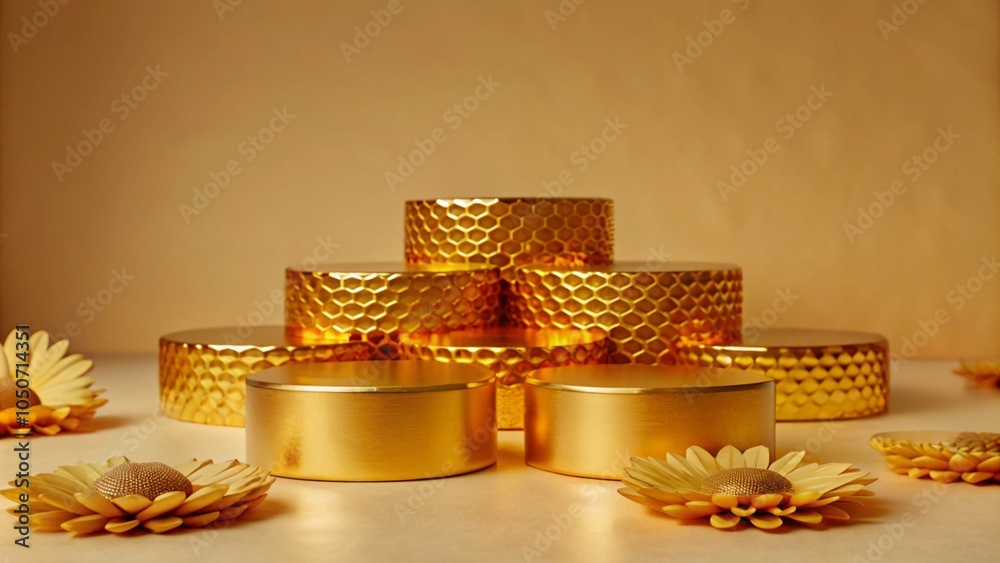 Golden podiums with yellow flowers on a beige background. Golden podiums with yellow flowers on a beige background.