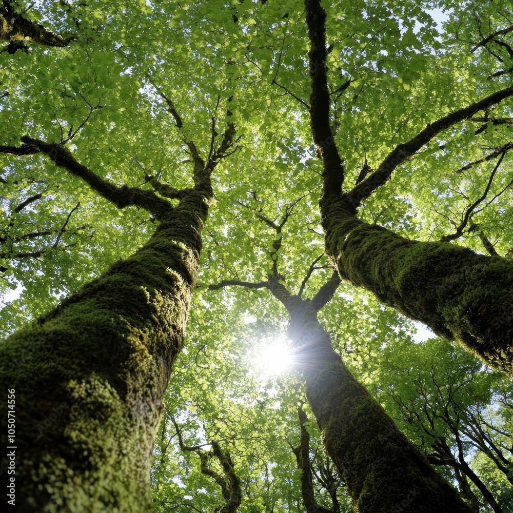 Fototapeta premium the sun shines through the canopy of a green forest