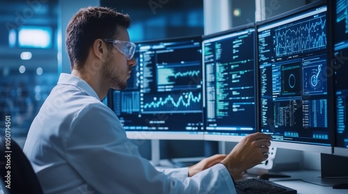 Data scientist analyzing complex algorithms on multiple screens in a high-tech lab environment