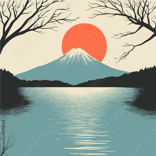 Minimalistic Fuji Lakes Vector Illustration, Serene Japanese Landscape