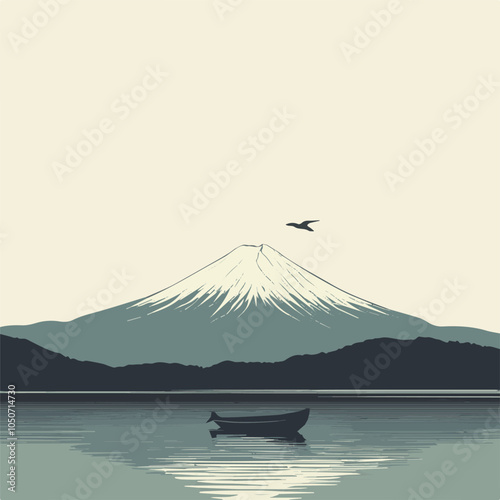 Minimalistic Fuji Lakes Vector Illustration, Serene Japanese Landscape