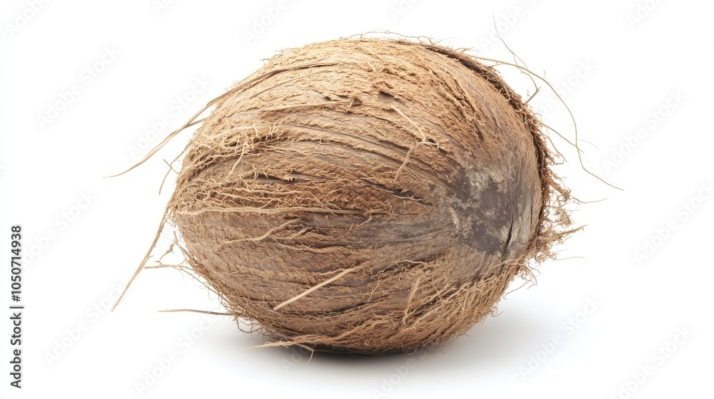 A whole brown coconut, its rough, fibrous shell displayed against a pure white background, creating a rustic tropical vibe. A whole brown coconut, its rough, fibrous shell displayed against a pure white background, creating a rustic tropical vibe.