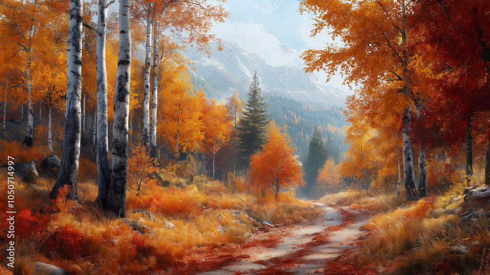 Fototapeta premium serene autumn landscape with vibrant orange foliage and winding path