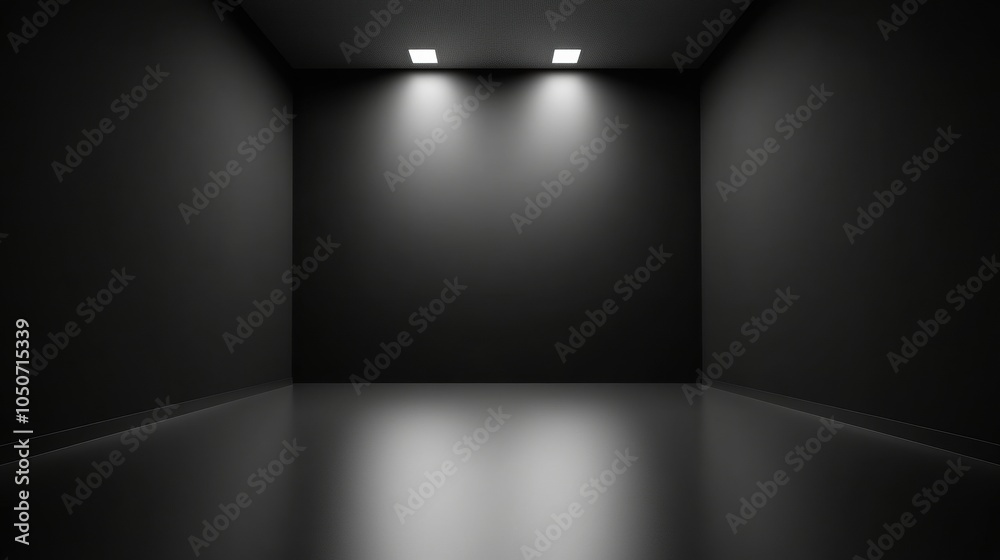 Dimly lit empty room with sleek black walls and polished floor, AI