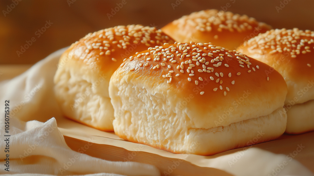 Freshly baked sesame seed buns with golden crust and soft interior Freshly baked sesame seed buns with golden crust and soft interior